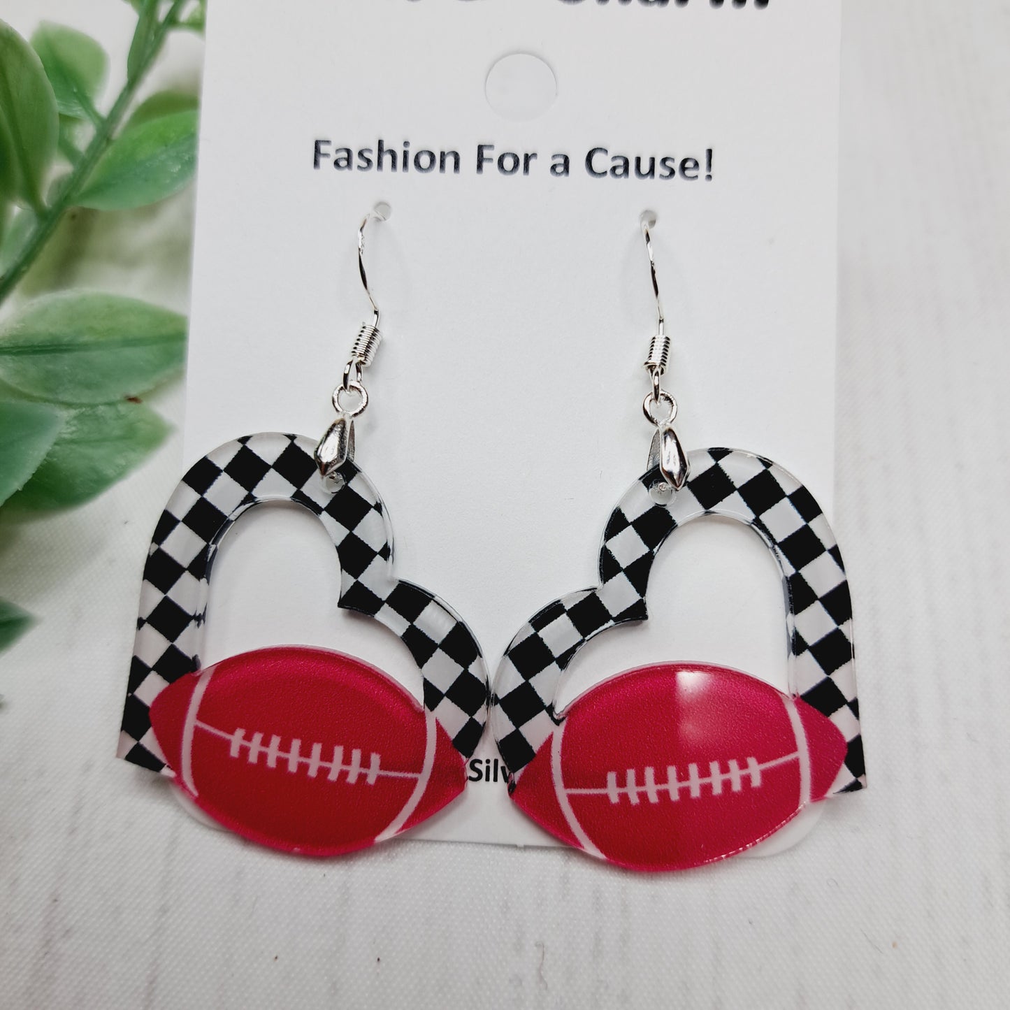 Black White Check Heart Football Acrylic Sterling Silver Earrings