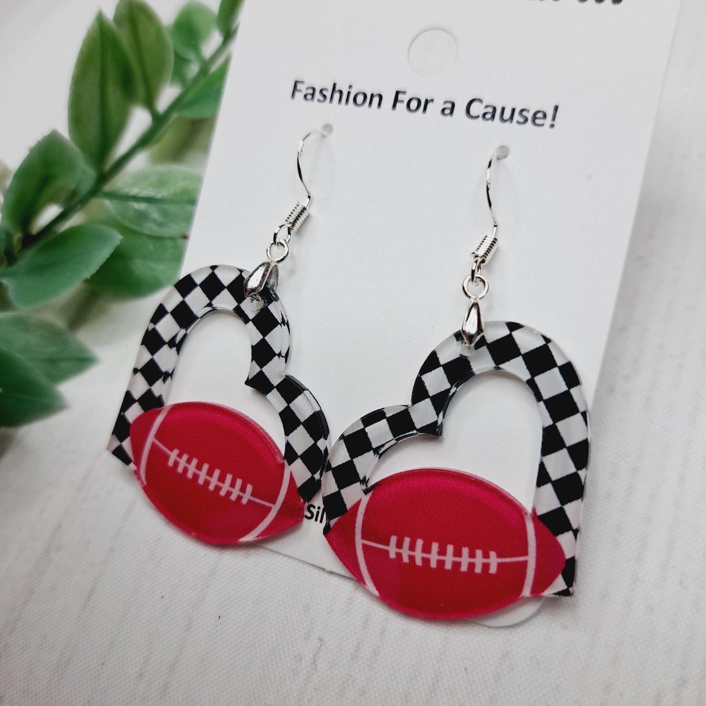 Black White Check Heart Football Acrylic Sterling Silver Earrings