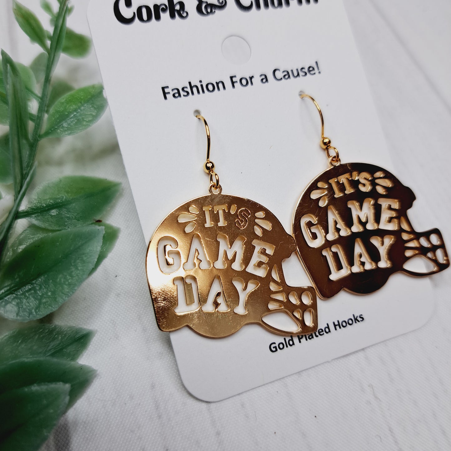 Gold Game Day Football Helmet Metal Gold Plated Earrings