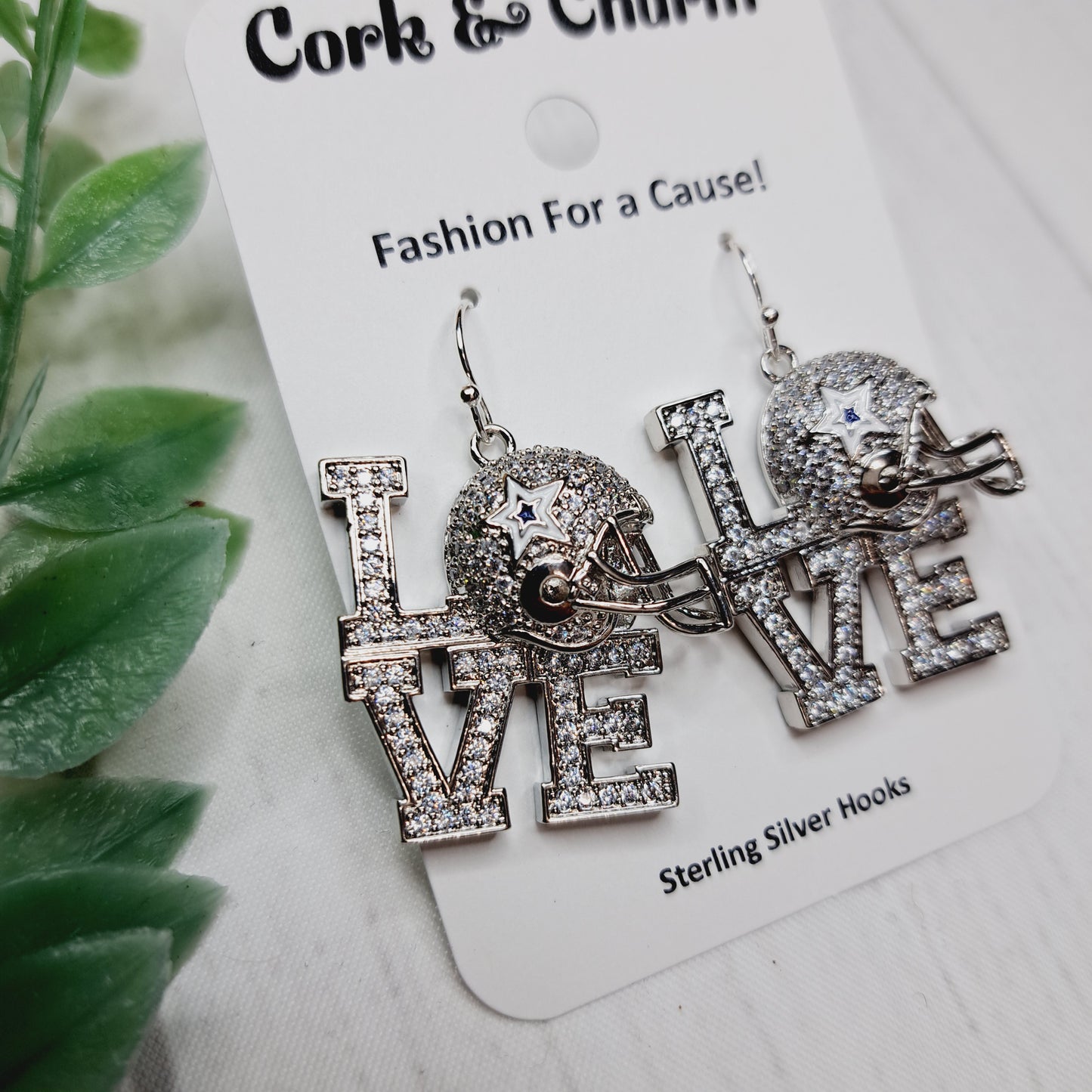 Silver Rhinestone Love Football Helmet Gold Plated Earrings