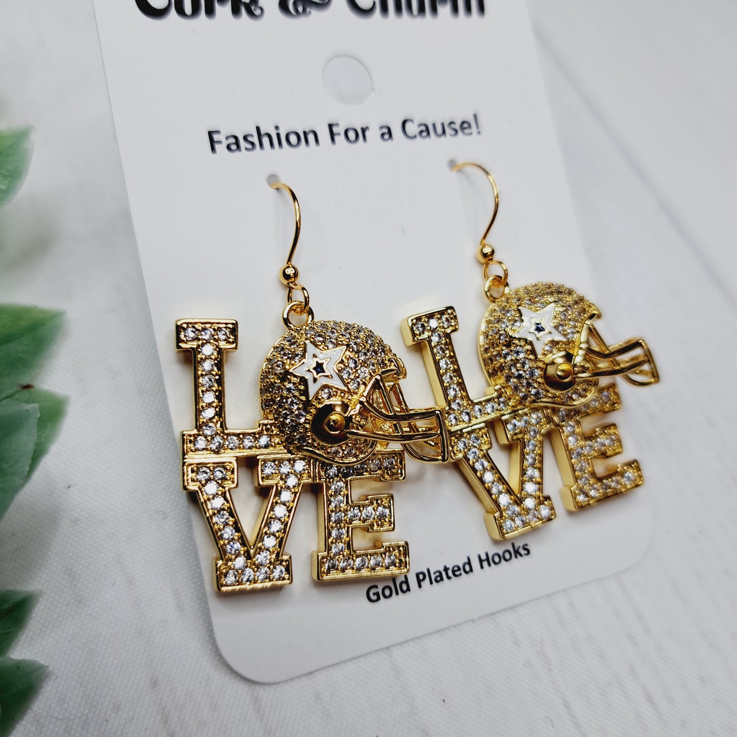 Gold Rhinestone Love Football Helmet Gold Plated Earrings