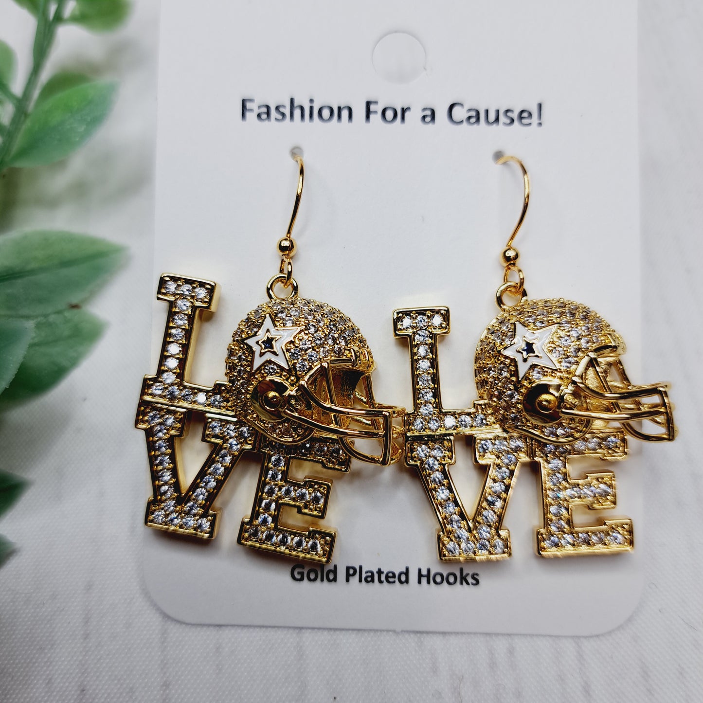 Gold Rhinestone Love Football Helmet Gold Plated Earrings