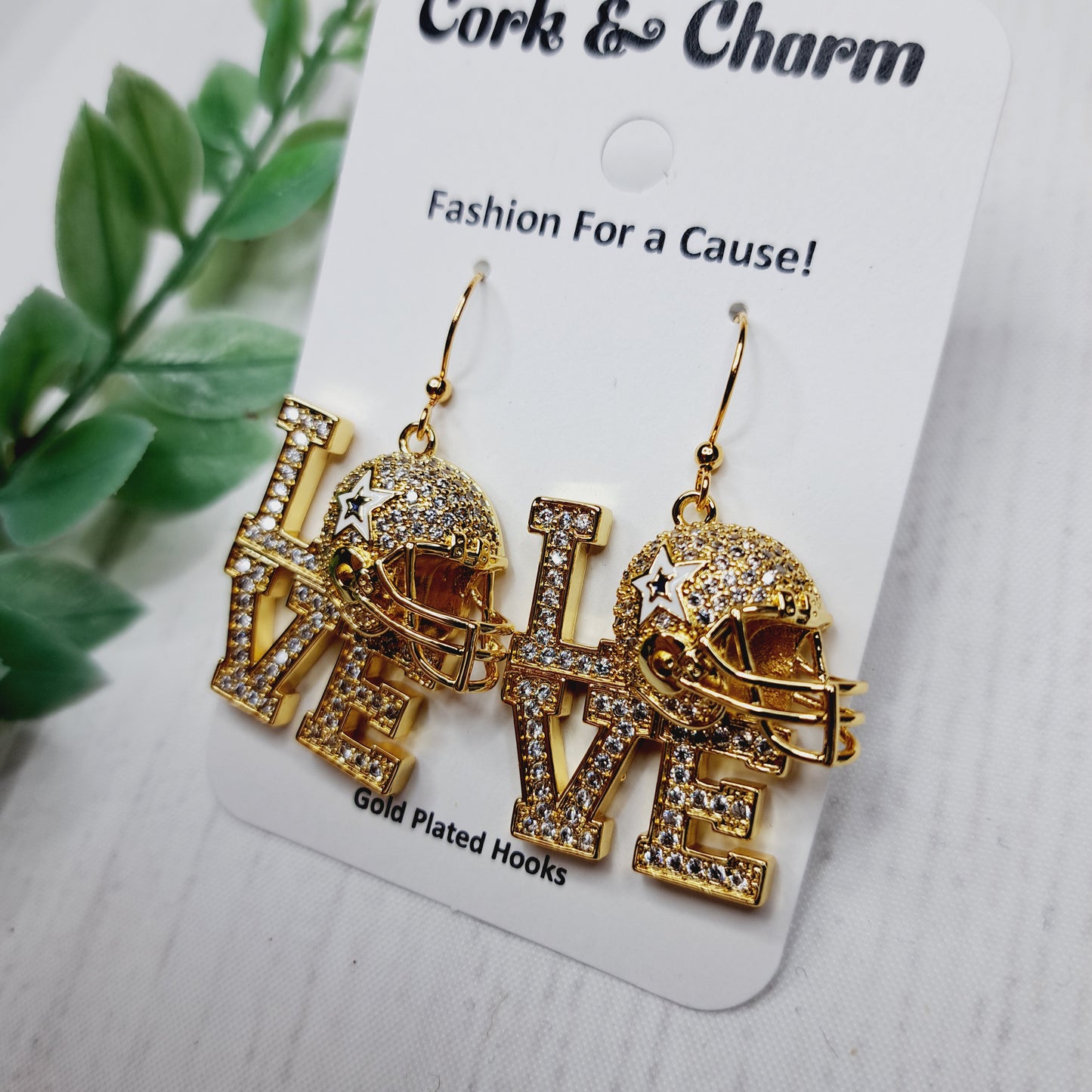 Gold Rhinestone Love Football Helmet Gold Plated Earrings