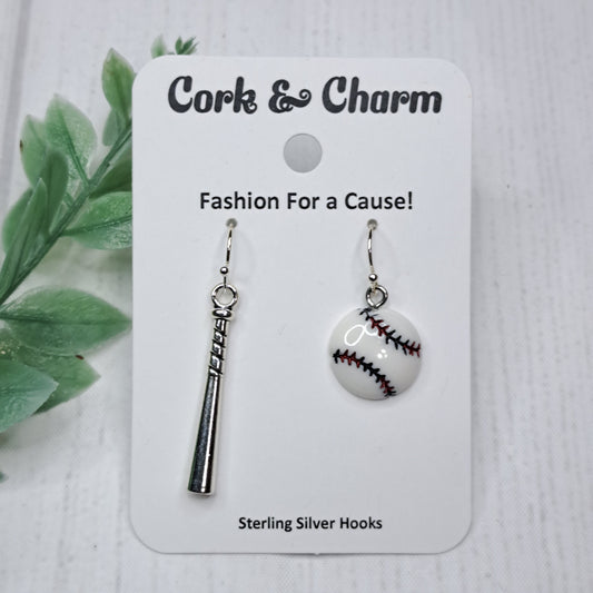 Asymmetrical Metal Baseball Bat and Resin Ball Sterling Silver Earrings