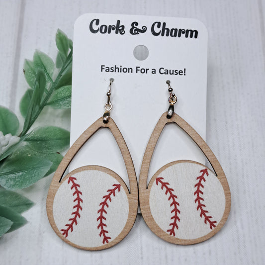 Baseball Teardrop Wooden Sterling Silver Earrings