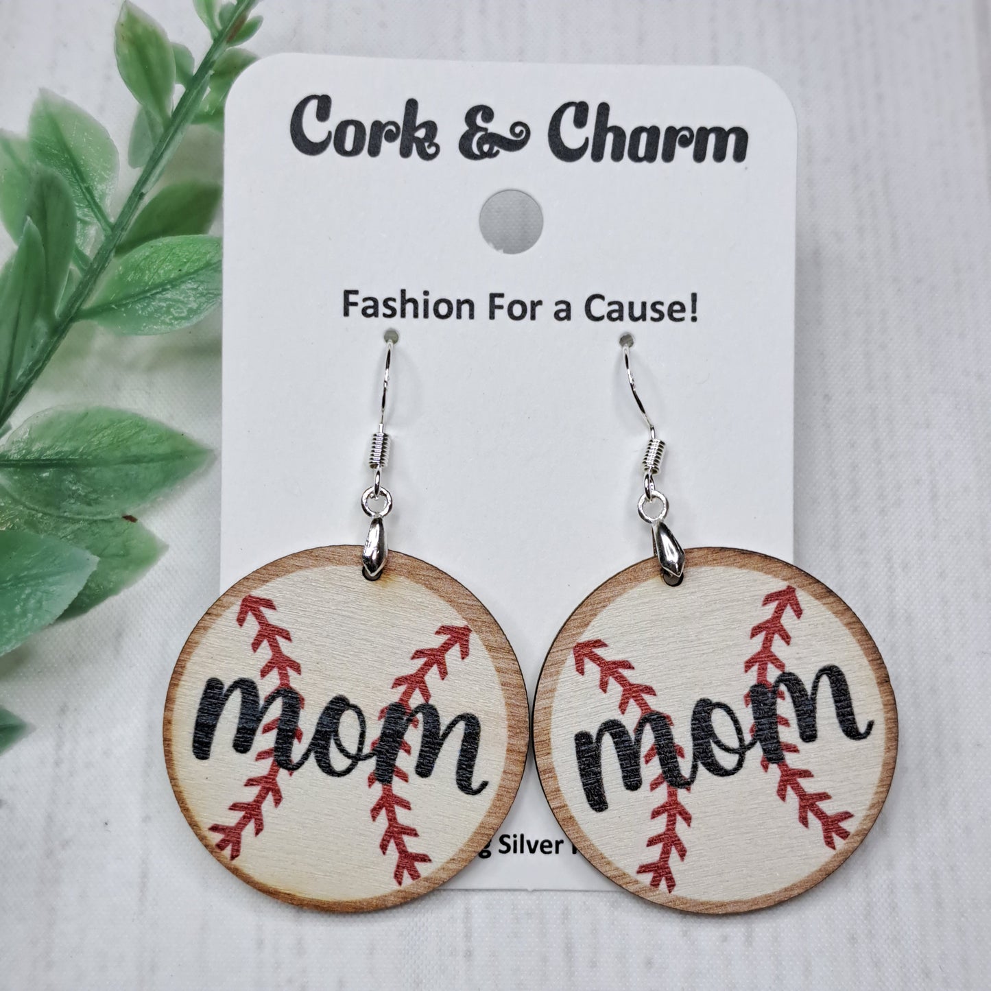 Baseball Mom Round Wooden Sterling Silver Earrings