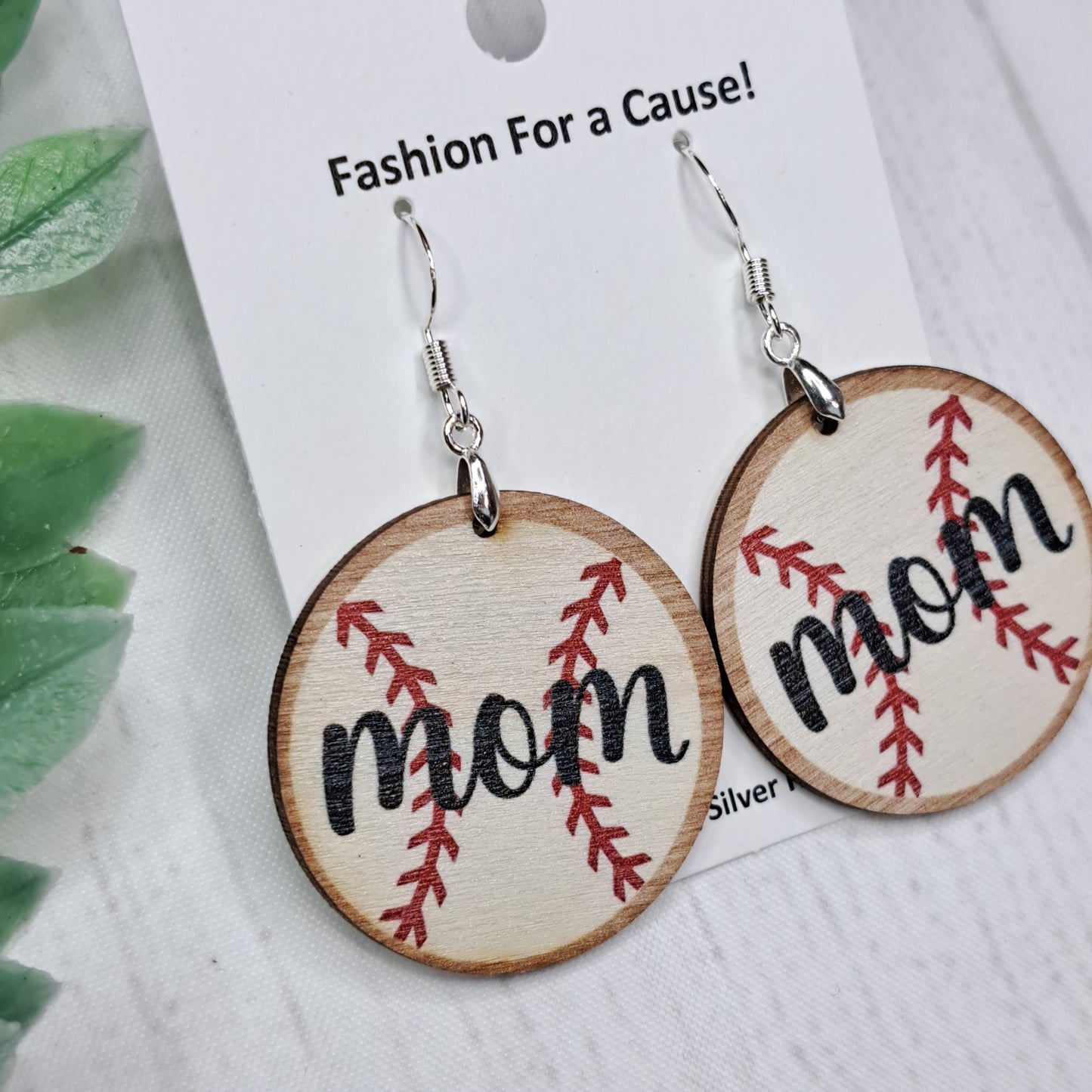 Baseball Mom Round Wooden Sterling Silver Earrings