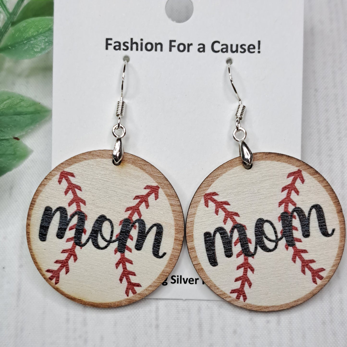 Baseball Mom Round Wooden Sterling Silver Earrings