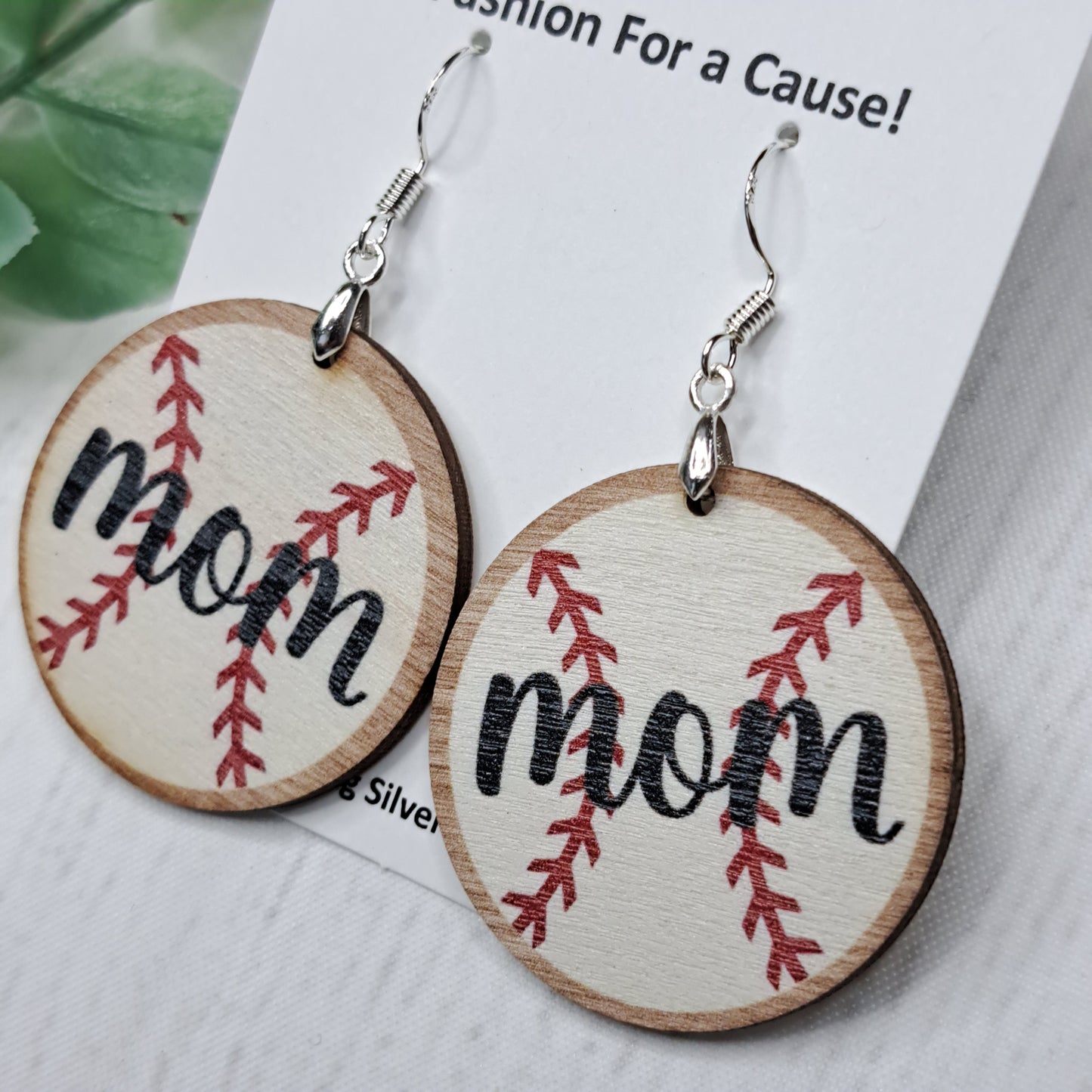 Baseball Mom Round Wooden Sterling Silver Earrings