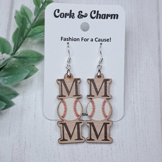 Baseball Mom Wooden Sterling Silver Earrings