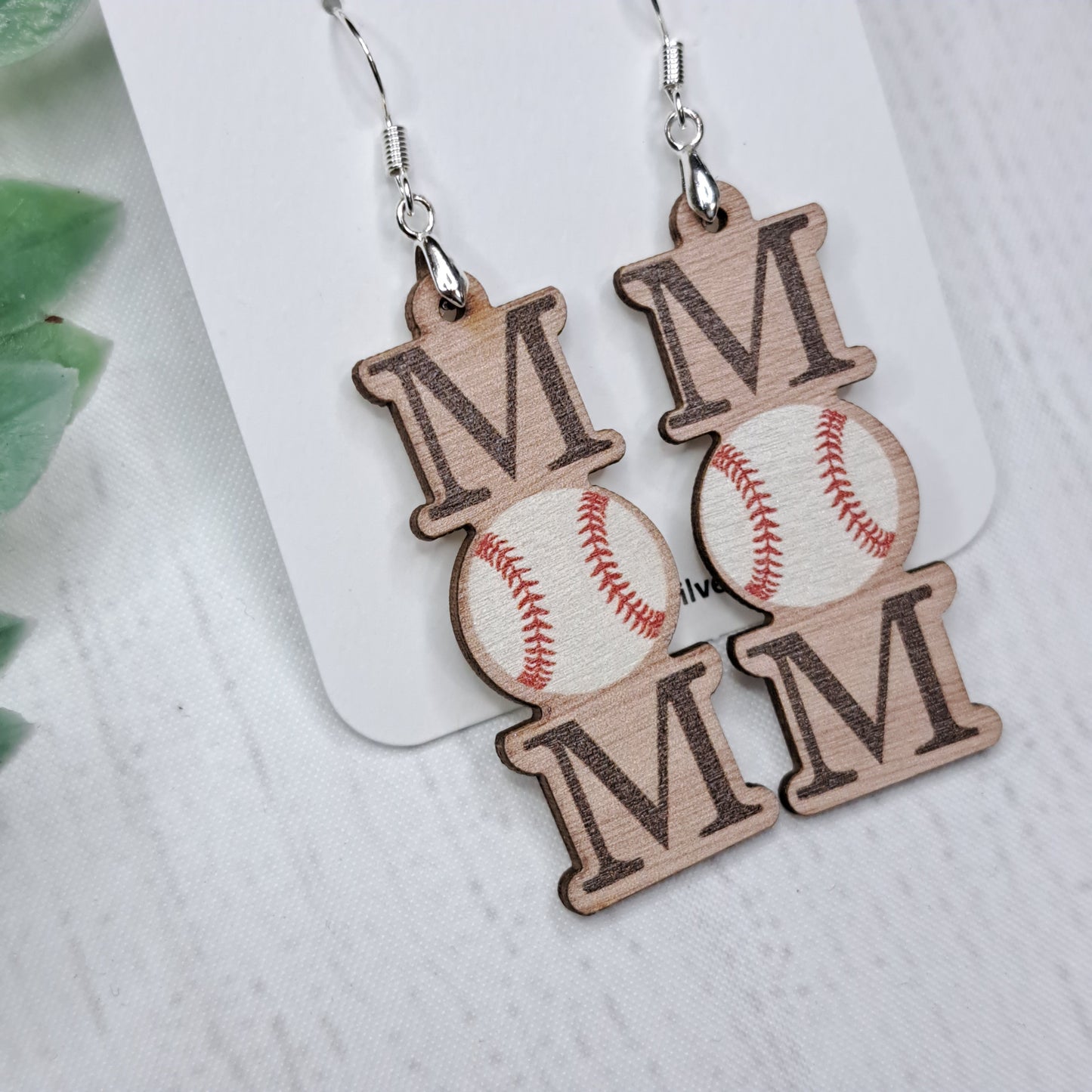 Baseball Mom Wooden Sterling Silver Earrings