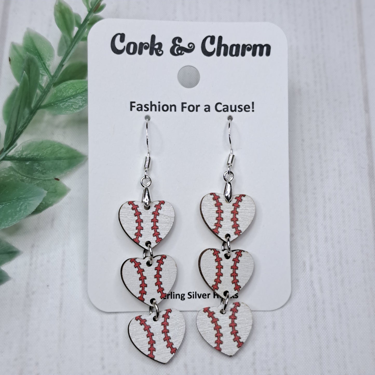 Baseball Hearts Cascading Wooden Sterling Silver Earrings