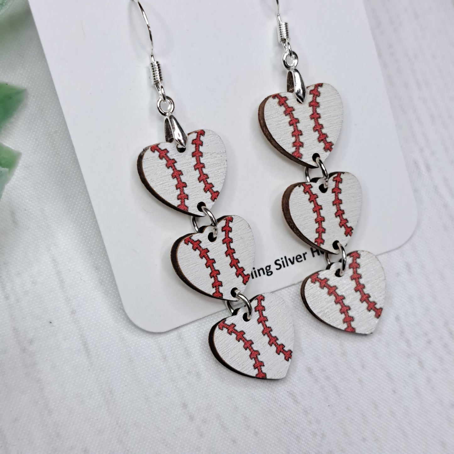 Baseball Hearts Cascading Wooden Sterling Silver Earrings