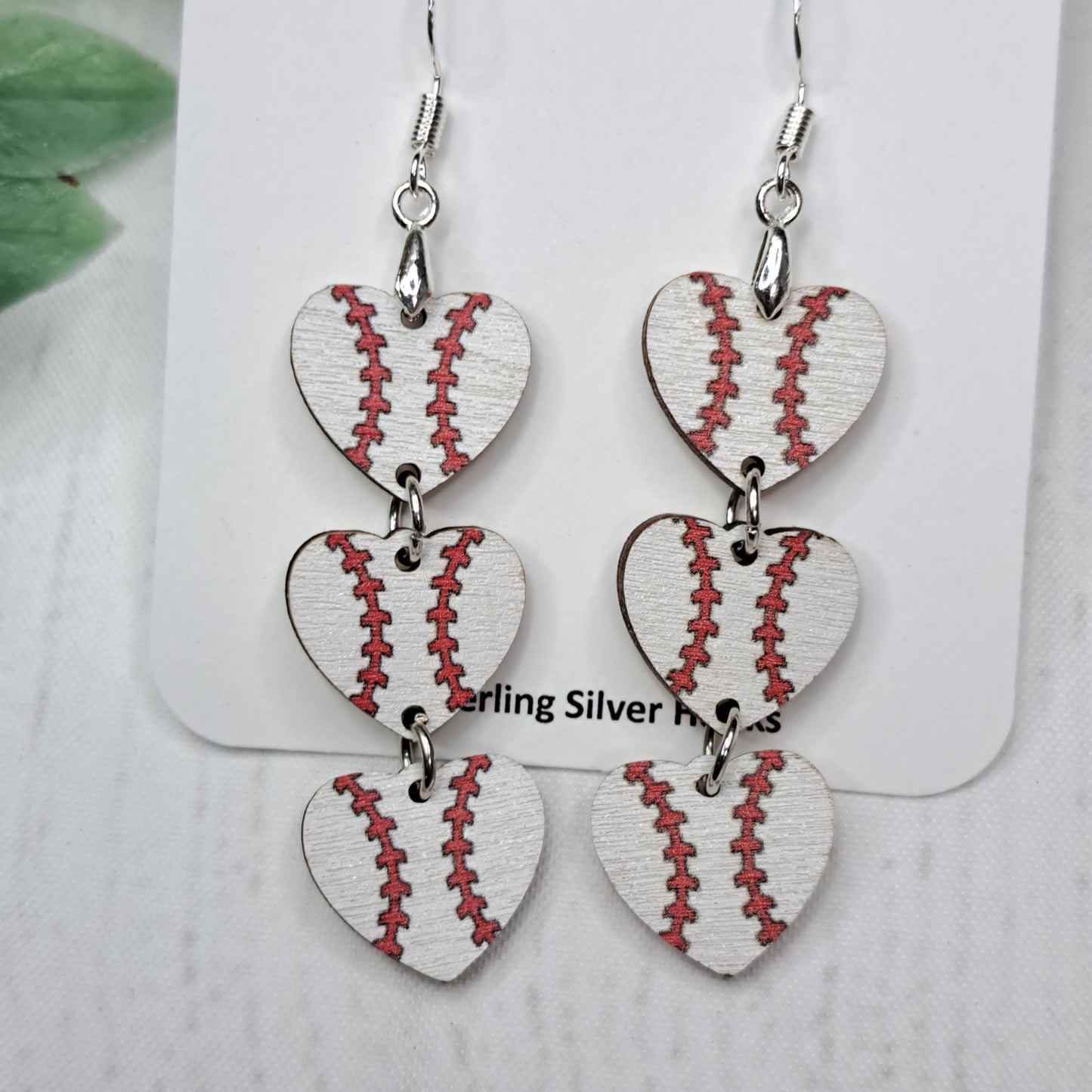 Baseball Hearts Cascading Wooden Sterling Silver Earrings