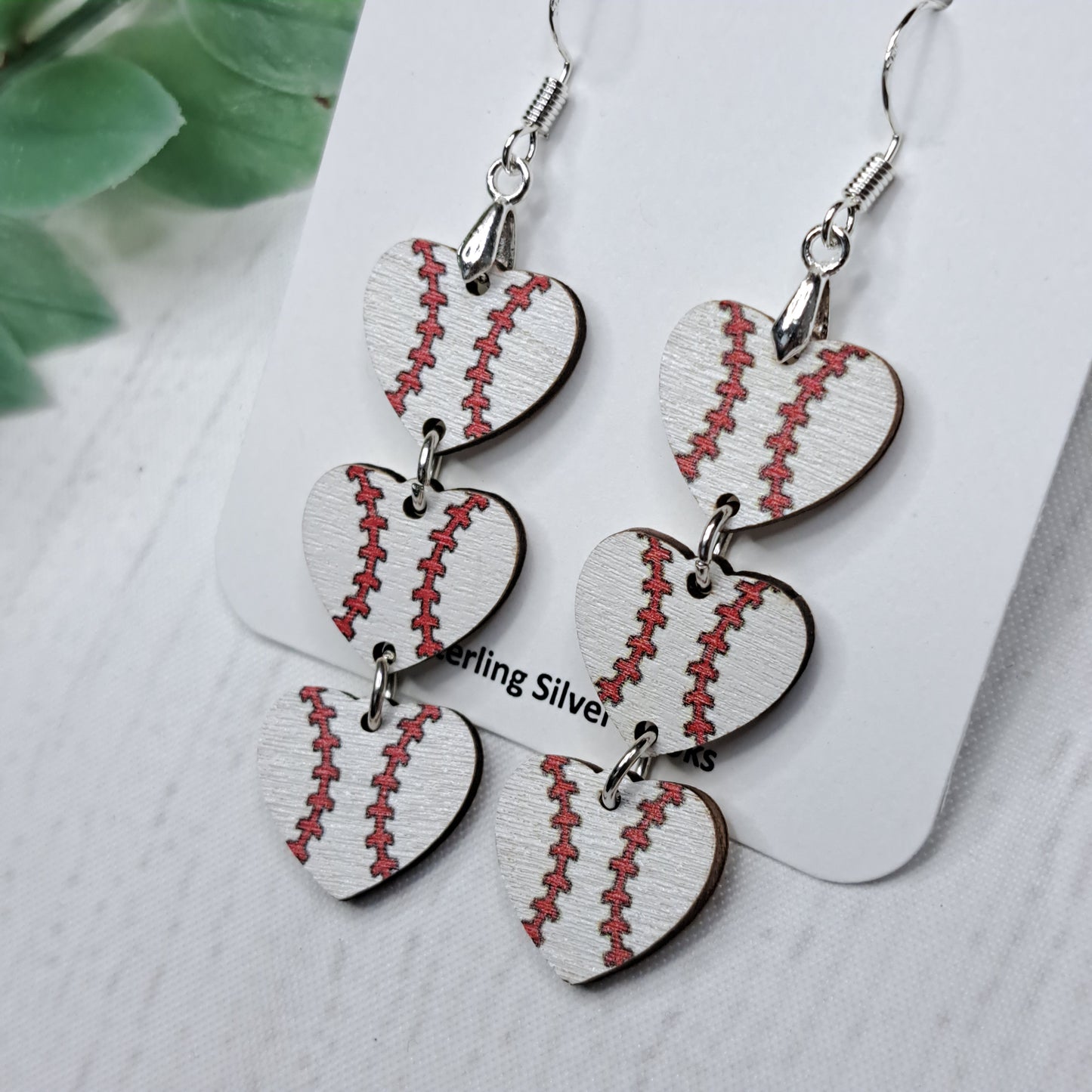 Baseball Hearts Cascading Wooden Sterling Silver Earrings