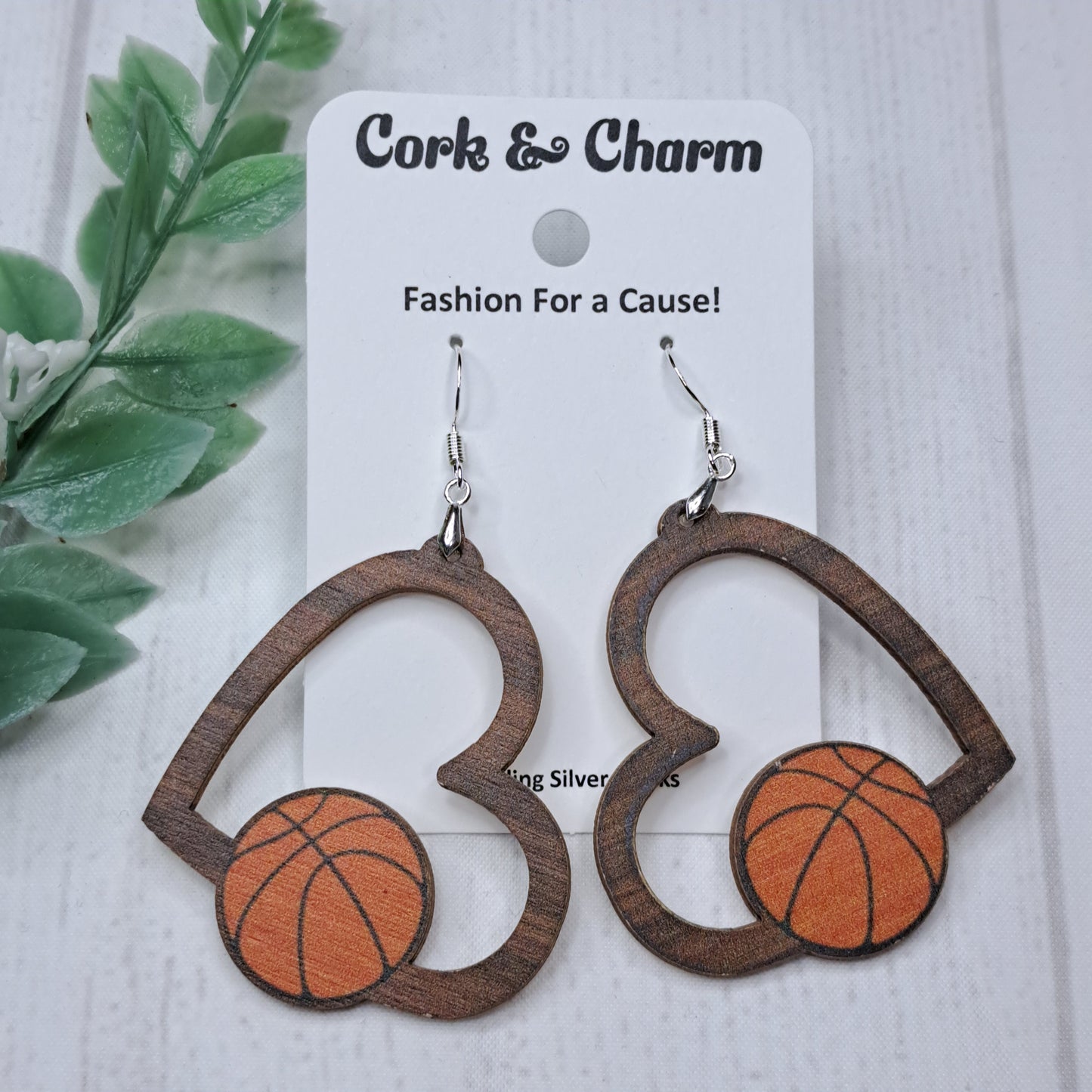 Heart Basketball Wooden Sterling Silver Earrings