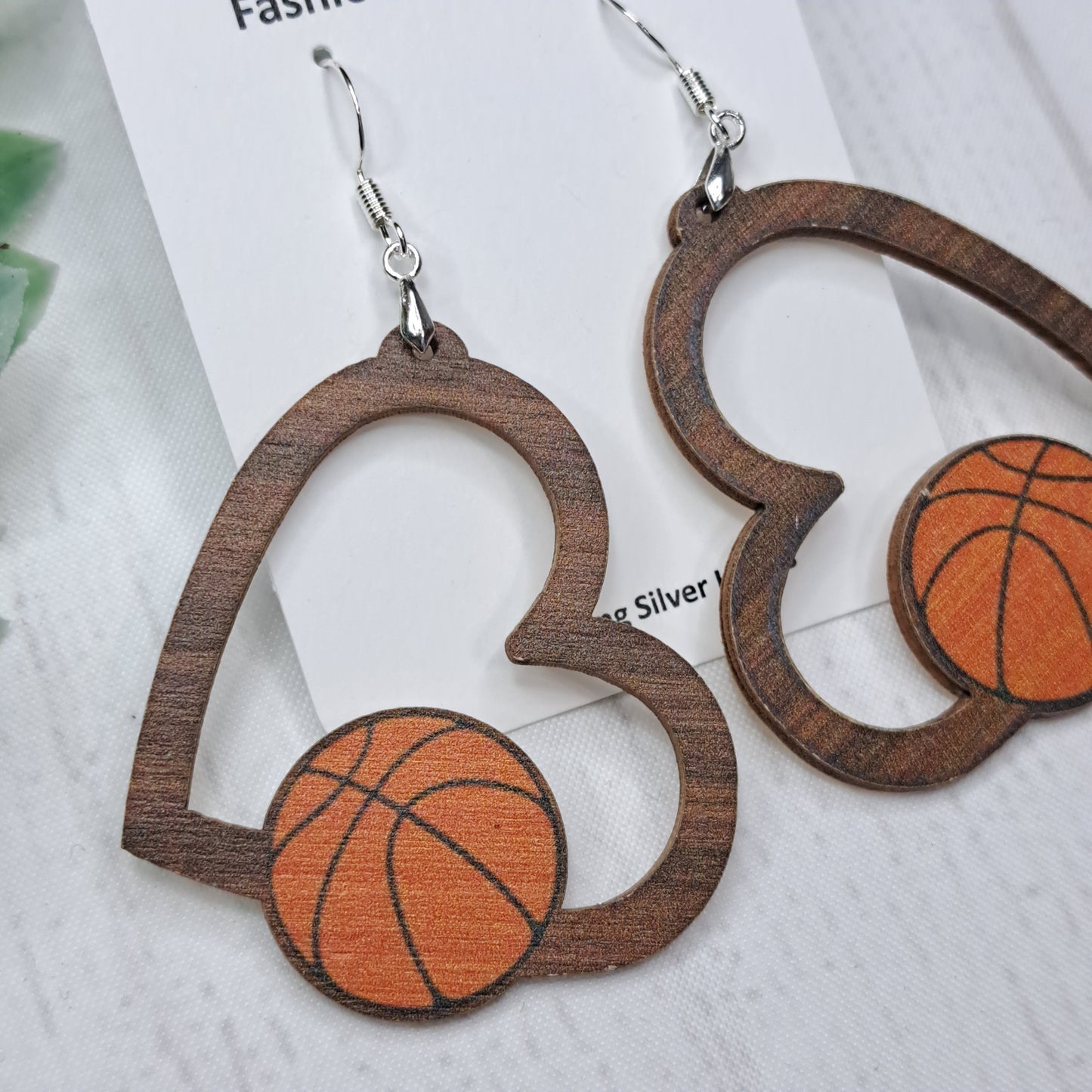 Heart Basketball Wooden Sterling Silver Earrings