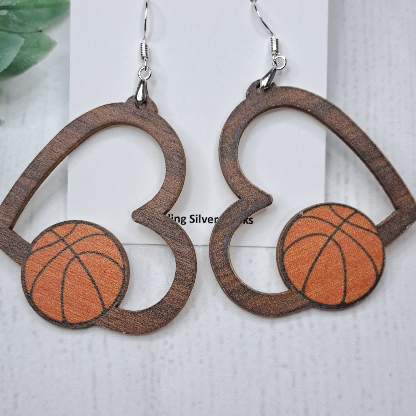 Heart Basketball Wooden Sterling Silver Earrings