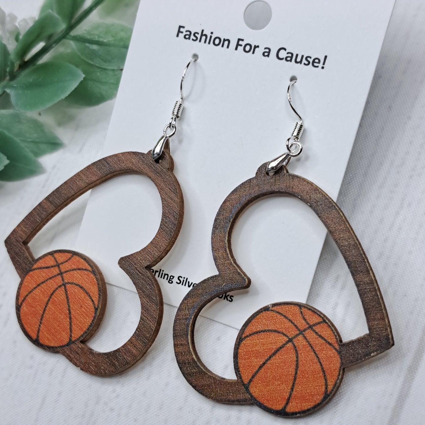 Heart Basketball Wooden Sterling Silver Earrings