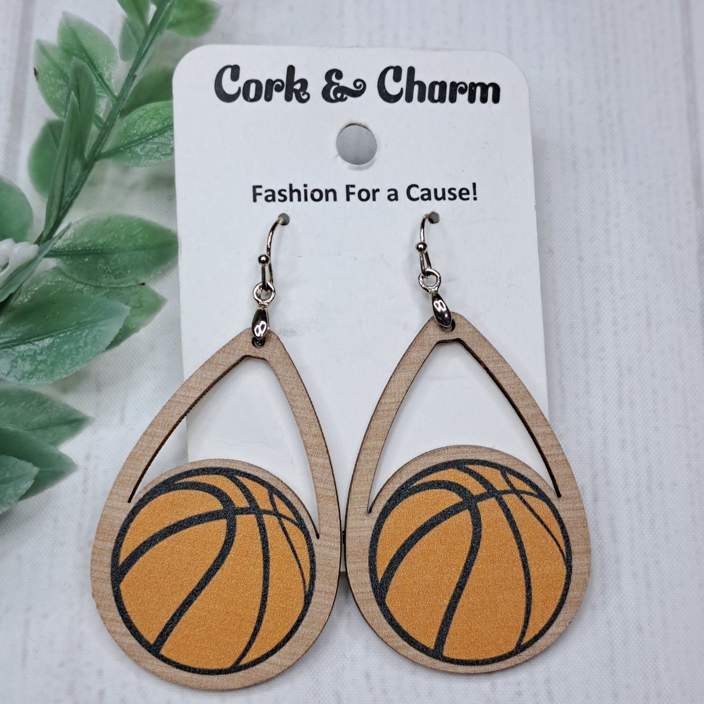 Teardrop Basketball Wooden Sterling Silver Earrings