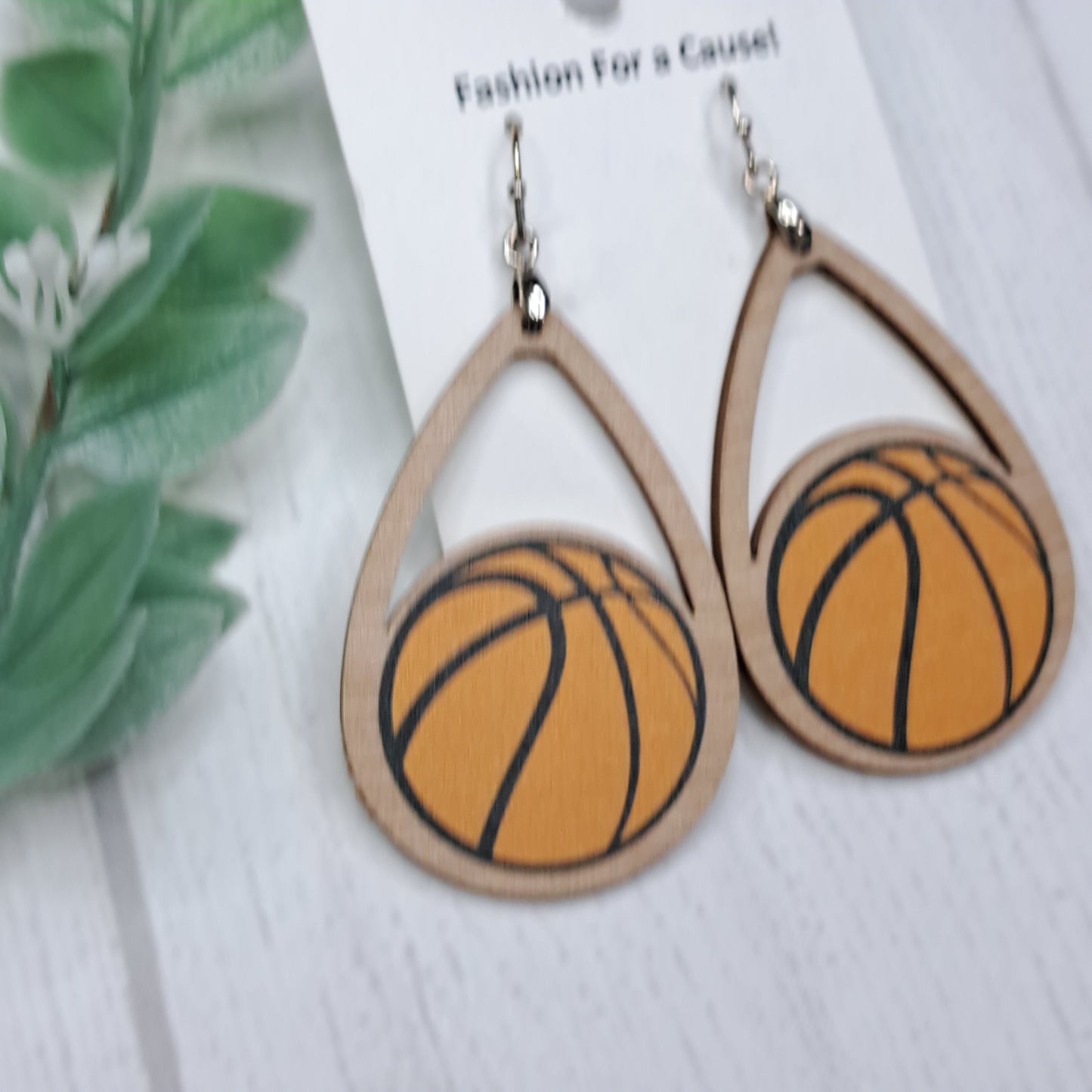 Teardrop Basketball Wooden Sterling Silver Earrings