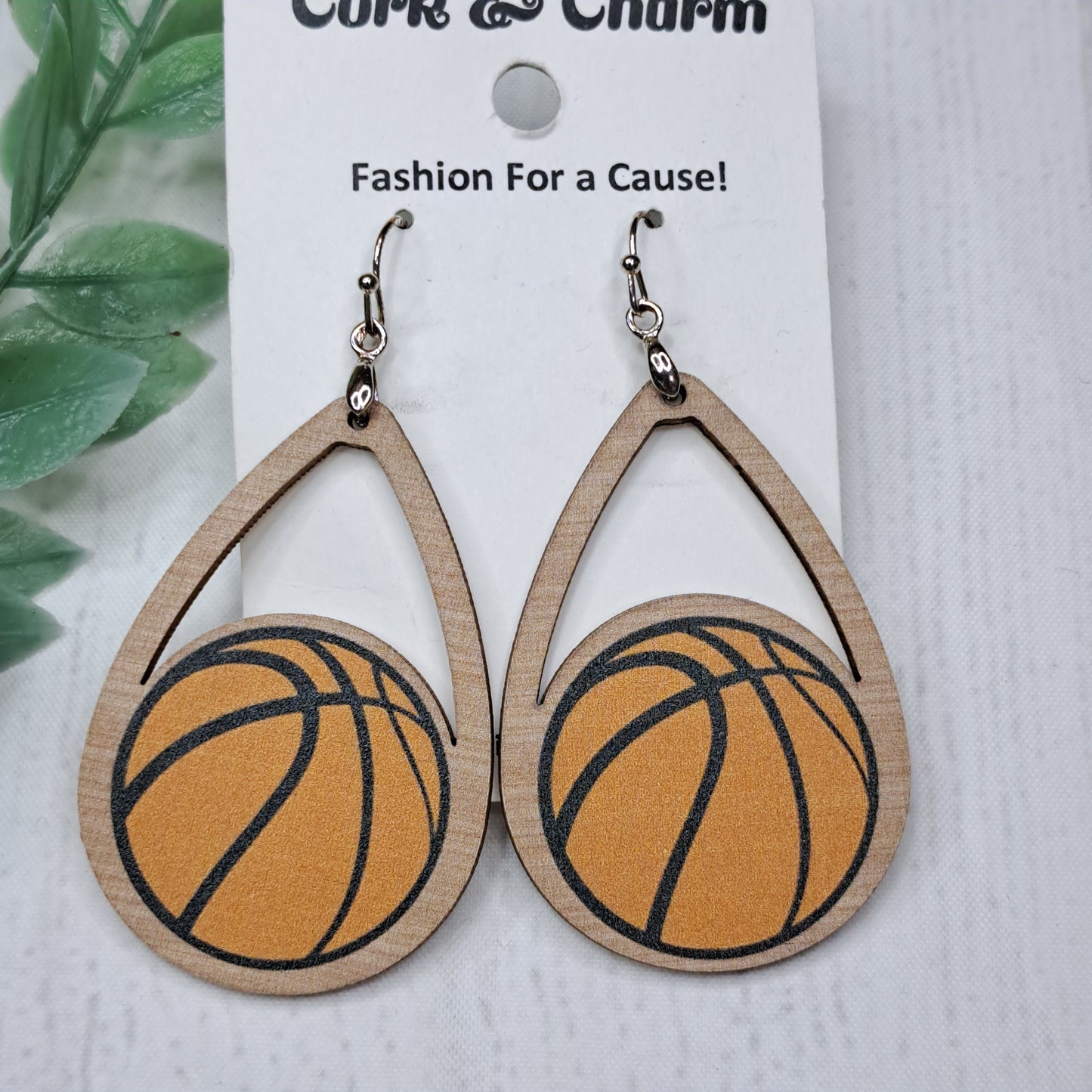 Teardrop Basketball Wooden Sterling Silver Earrings