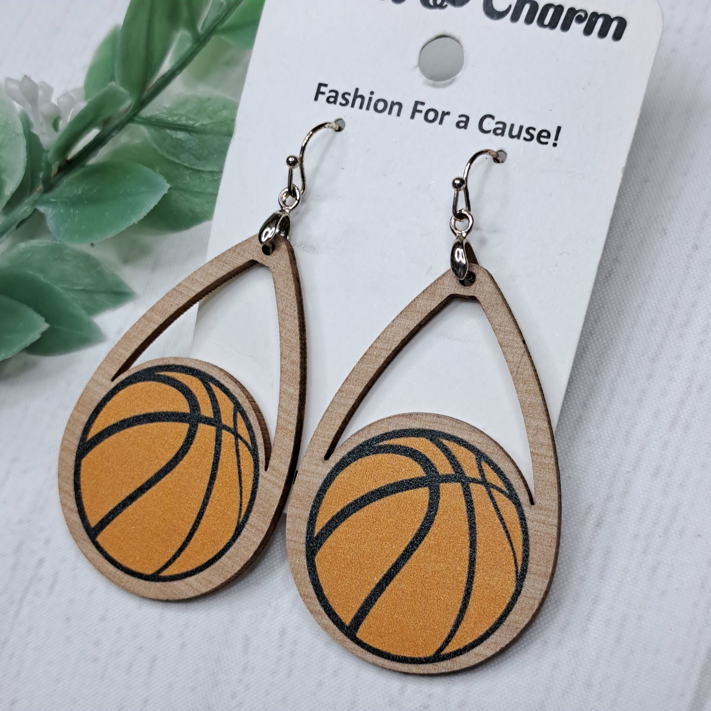 Teardrop Basketball Wooden Sterling Silver Earrings