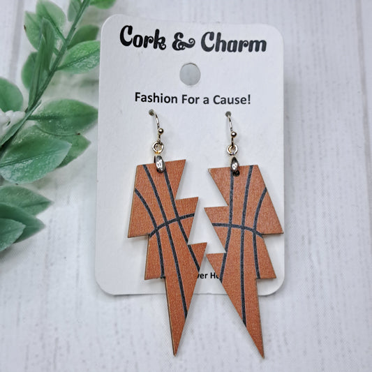 Lightning Bolt Basketball Wooden Sterling Silver Earrings