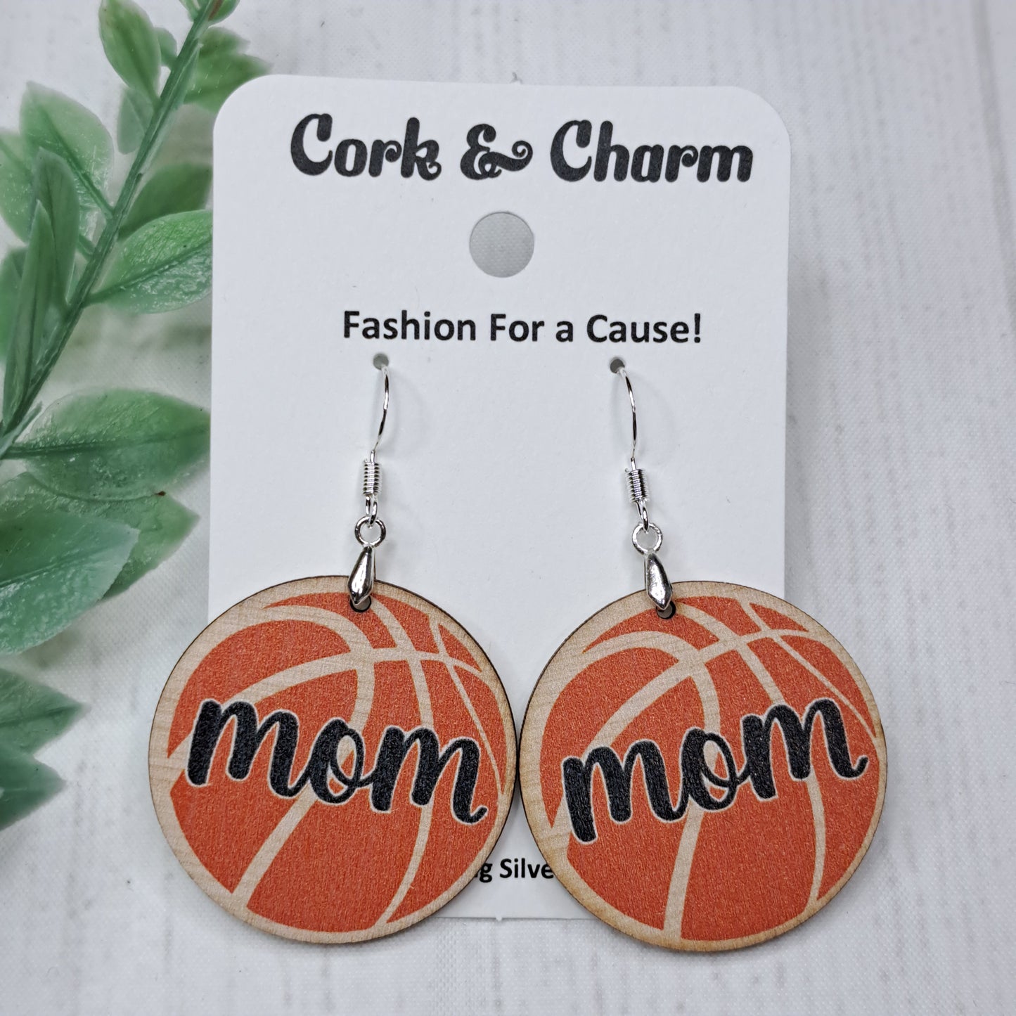 Basketball Mom Round Wooden Sterling Silver Earrings