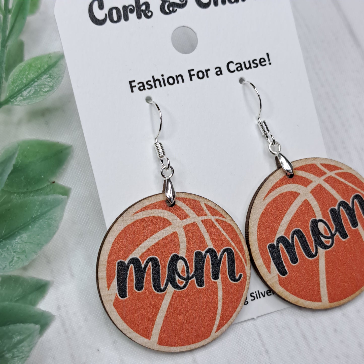 Basketball Mom Round Wooden Sterling Silver Earrings