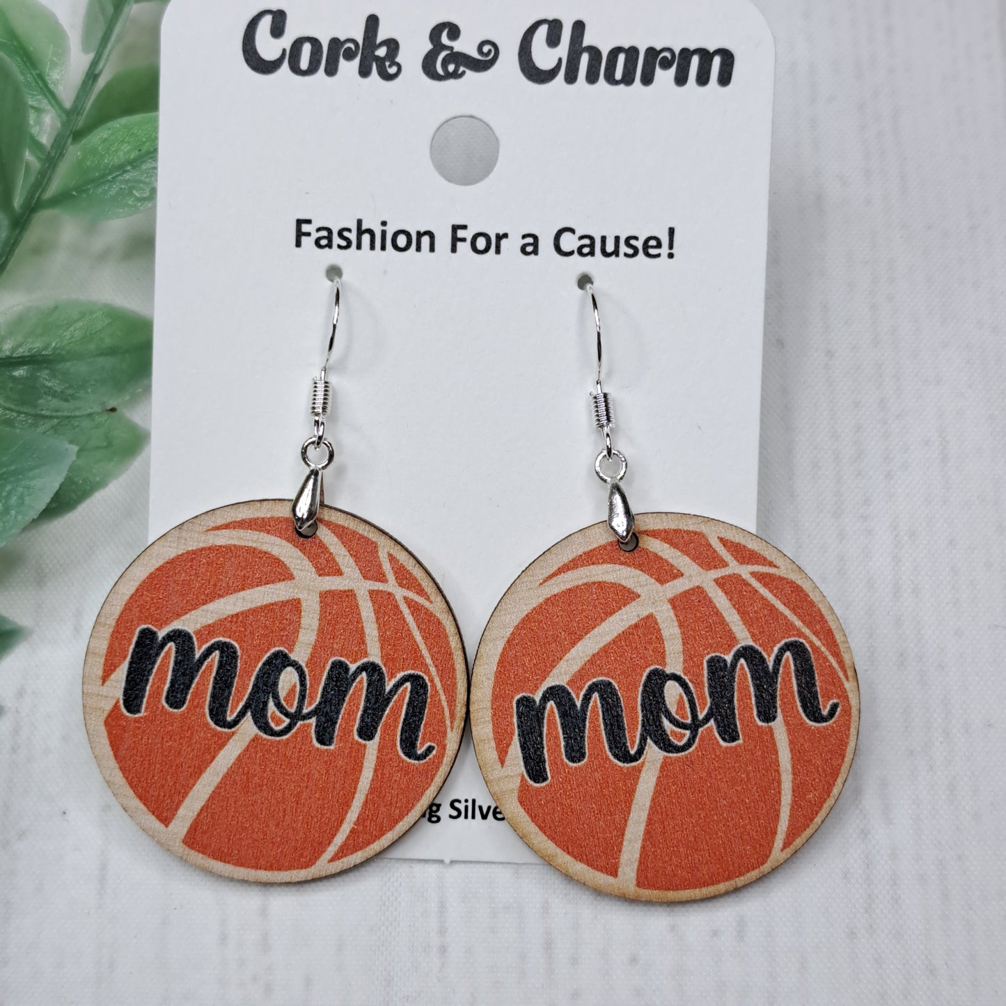 Basketball Mom Round Wooden Sterling Silver Earrings