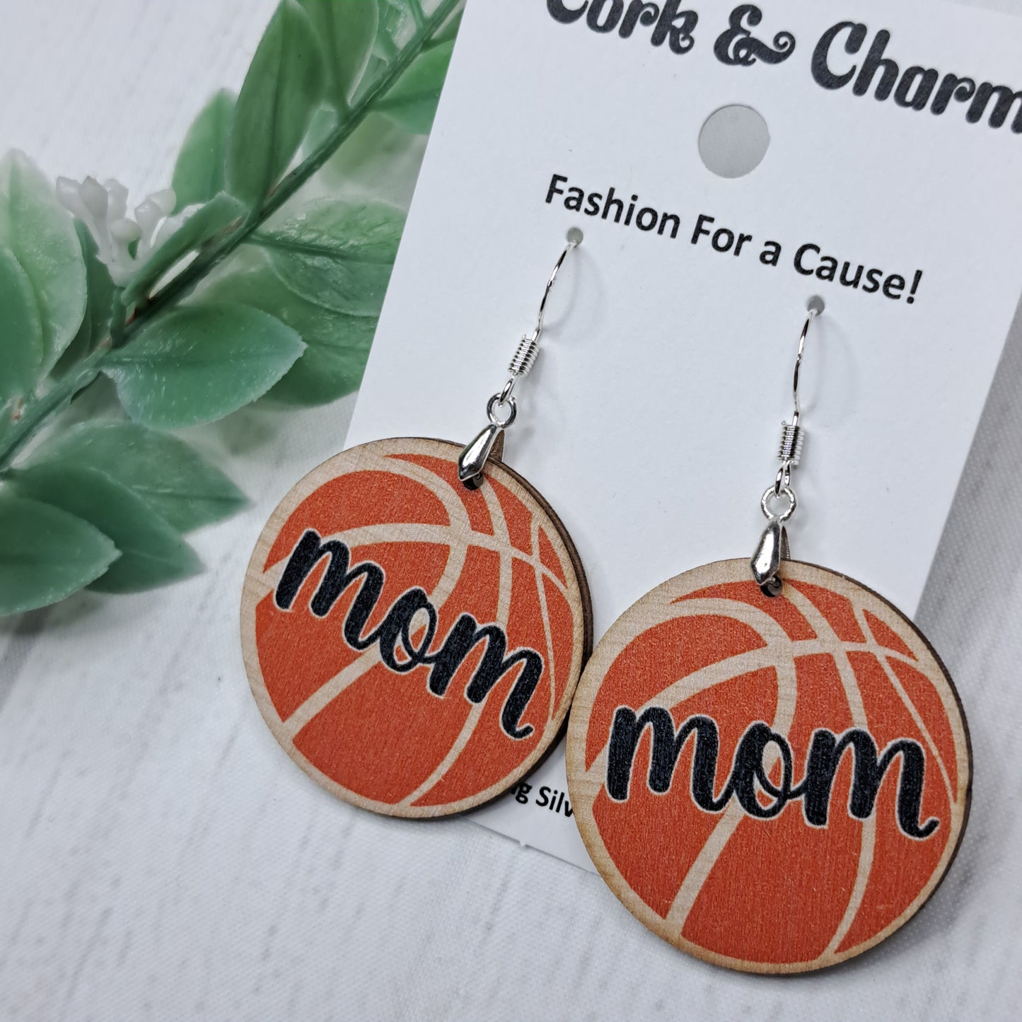 Basketball Mom Round Wooden Sterling Silver Earrings