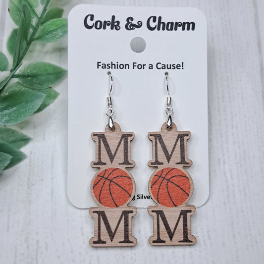 Basketball Mom Wooden Sterling Silver Earrings