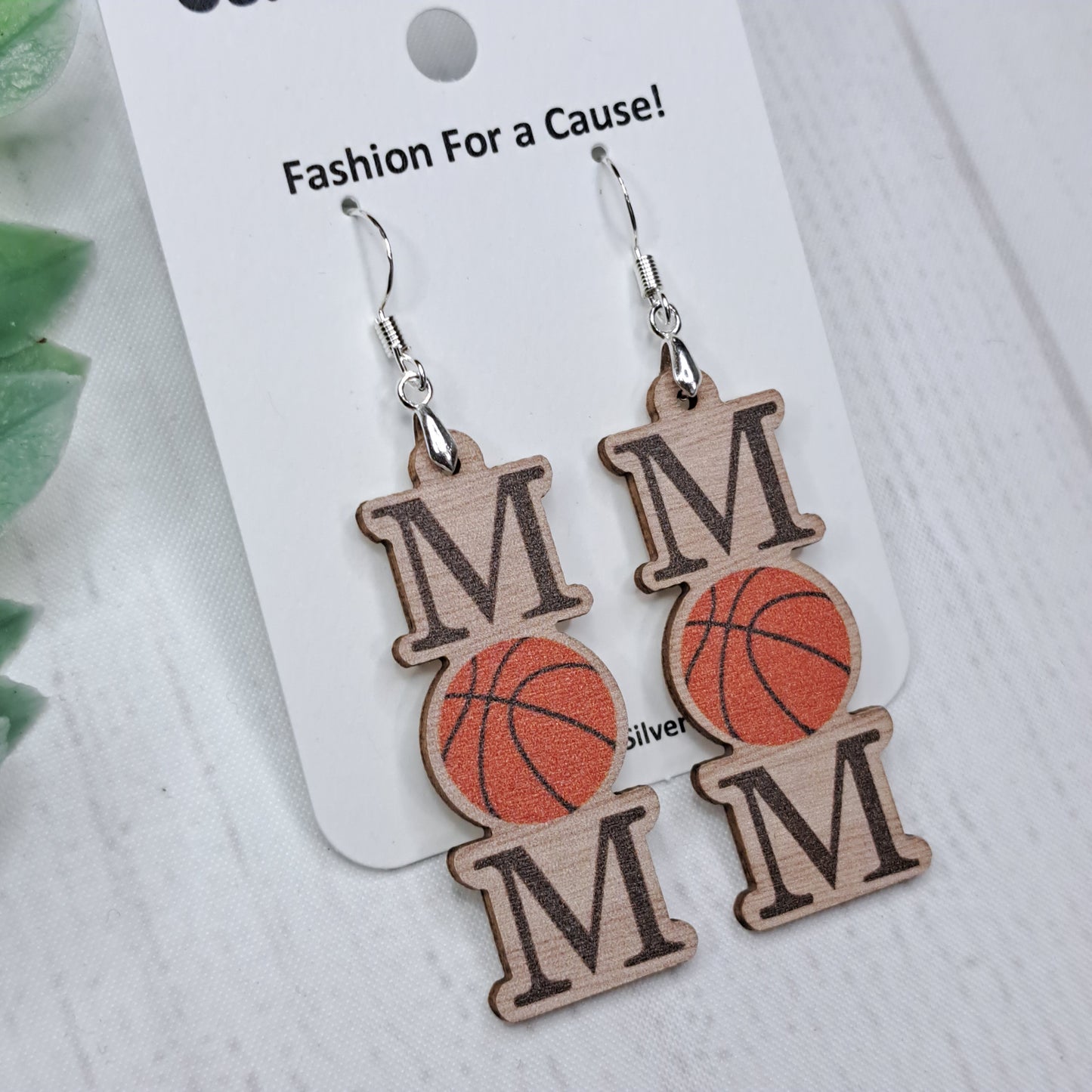 Basketball Mom Wooden Sterling Silver Earrings