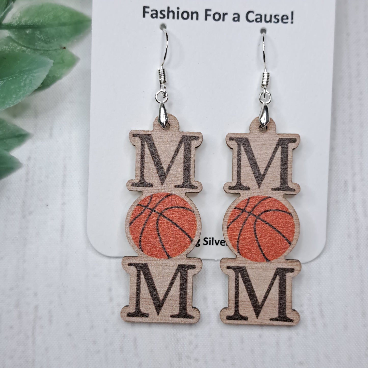 Basketball Mom Wooden Sterling Silver Earrings