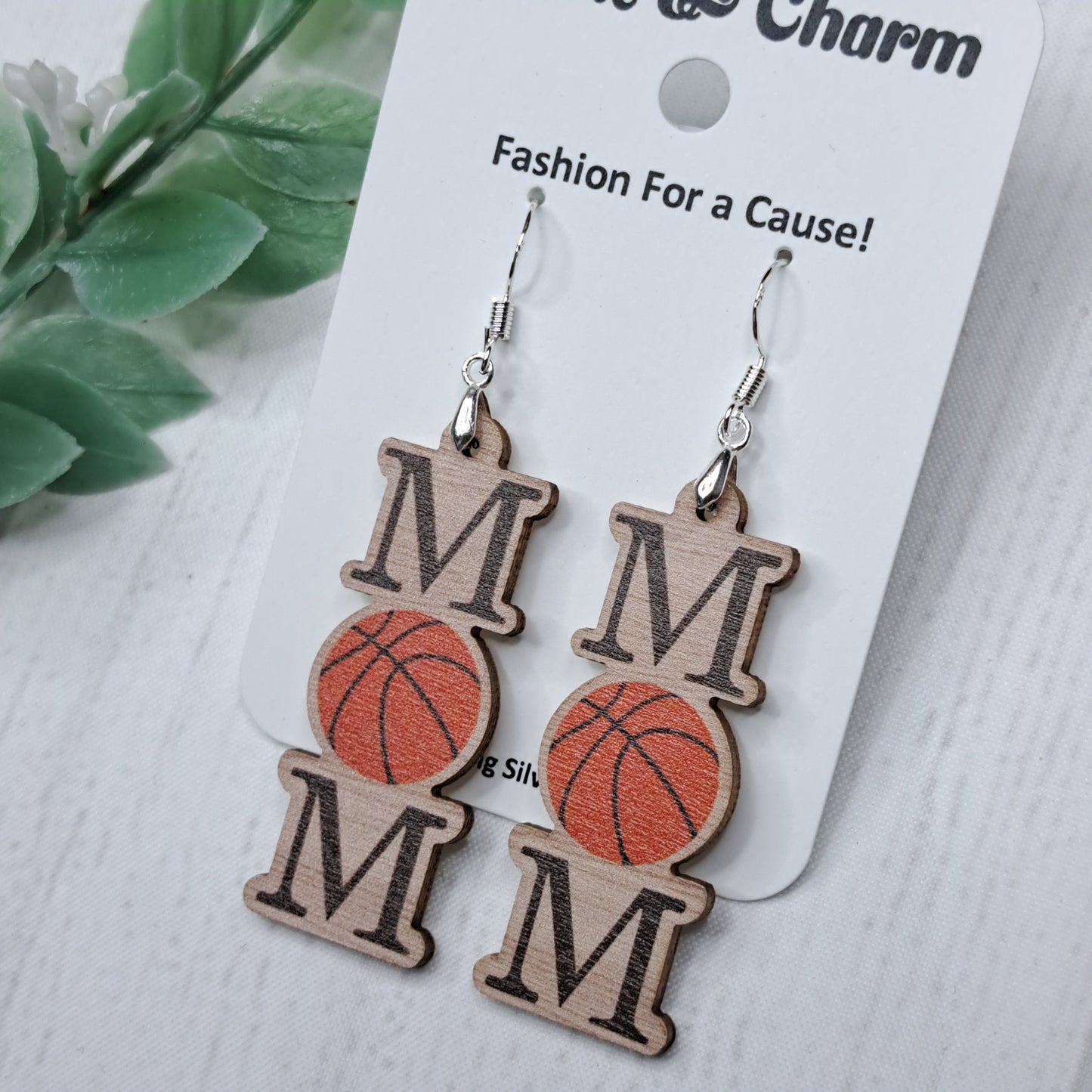 Basketball Mom Wooden Sterling Silver Earrings