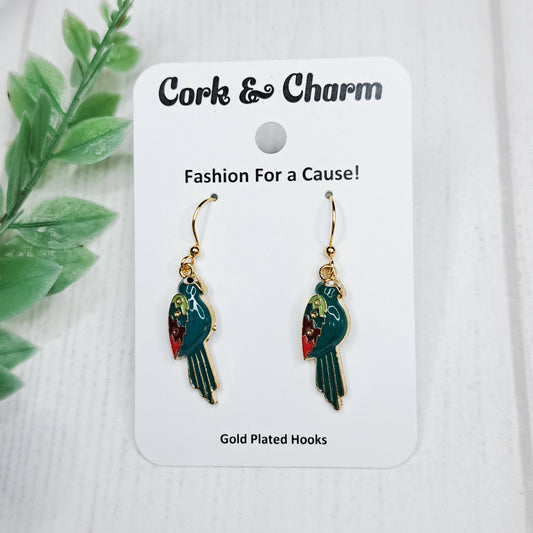 Blue Parrot Bird Enamel Gold Earrings