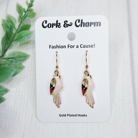 Light Pink Parrot Bird Enamel Gold Earrings