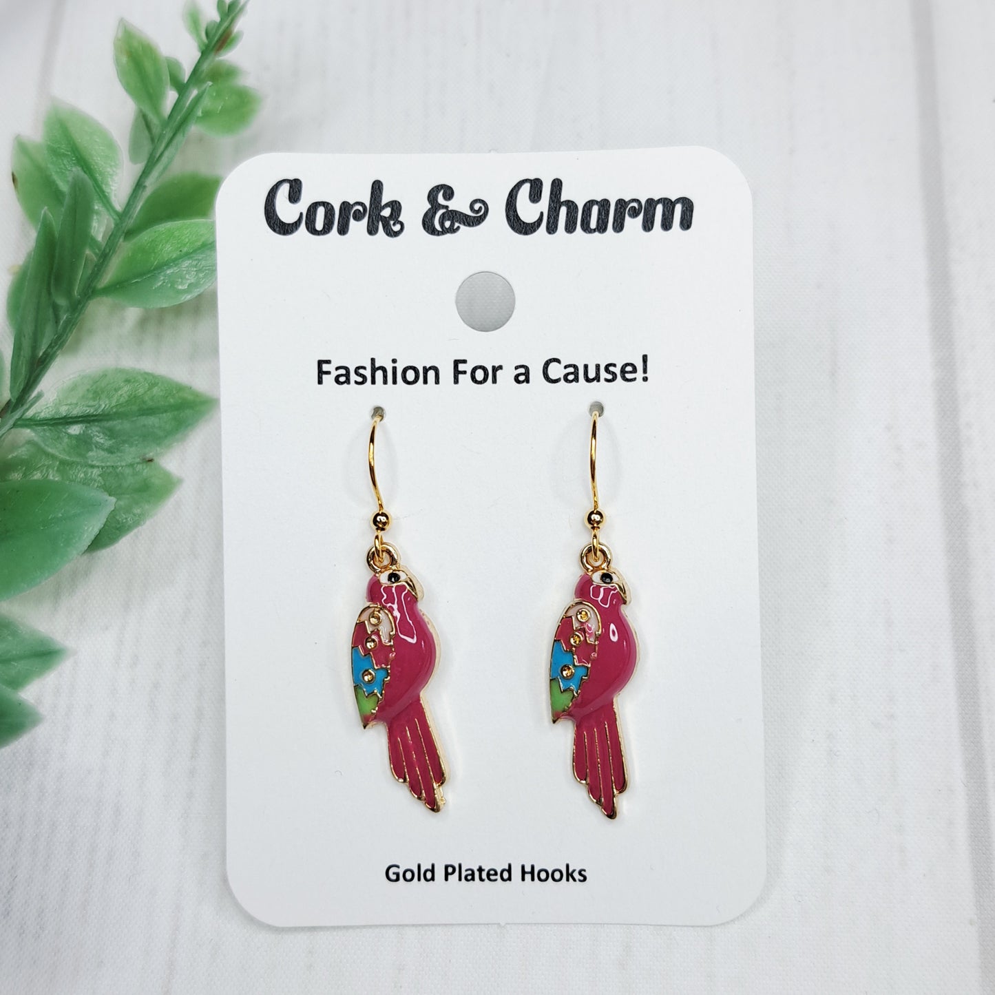 Dark Pink Parrot Bird Enamel Gold Earrings