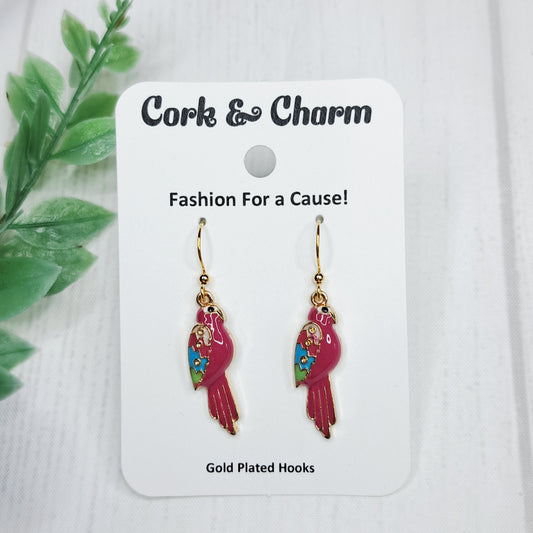 Dark Pink Parrot Bird Enamel Gold Earrings