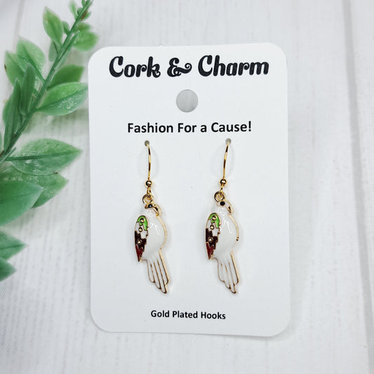 White Parrot Bird Enamel Gold Earrings