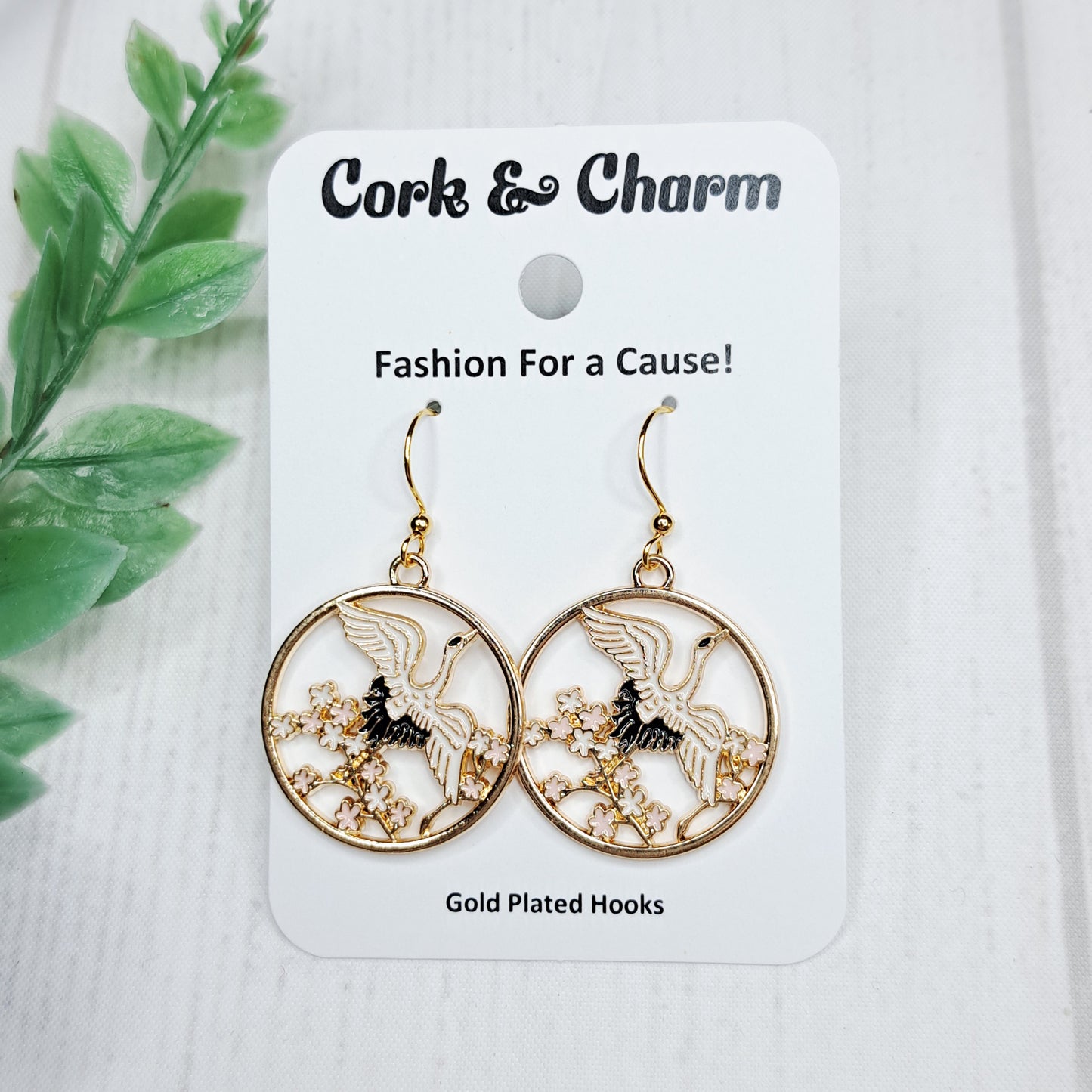 White Black Crane Flowers Bird Circle Gold Earrings
