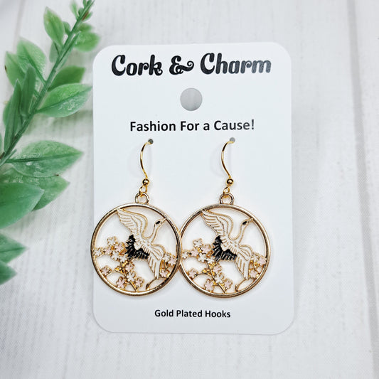 White Black Crane Flowers Bird Circle Gold Earrings