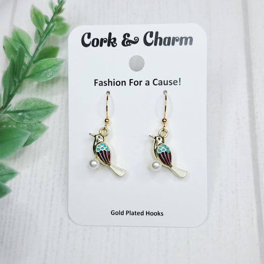 Blue Purple Bird with Pearl Gold Earrings