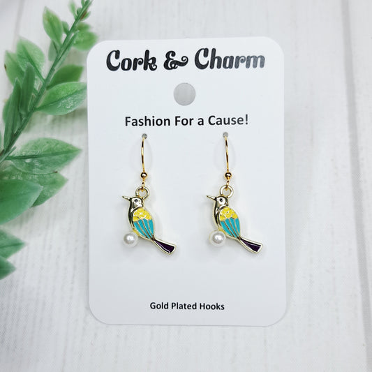 Yellow Blue Bird with Pearl Gold Earrings
