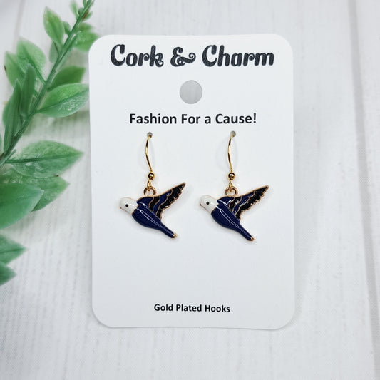 Blue Swallow Bird Enamel Gold Earrings