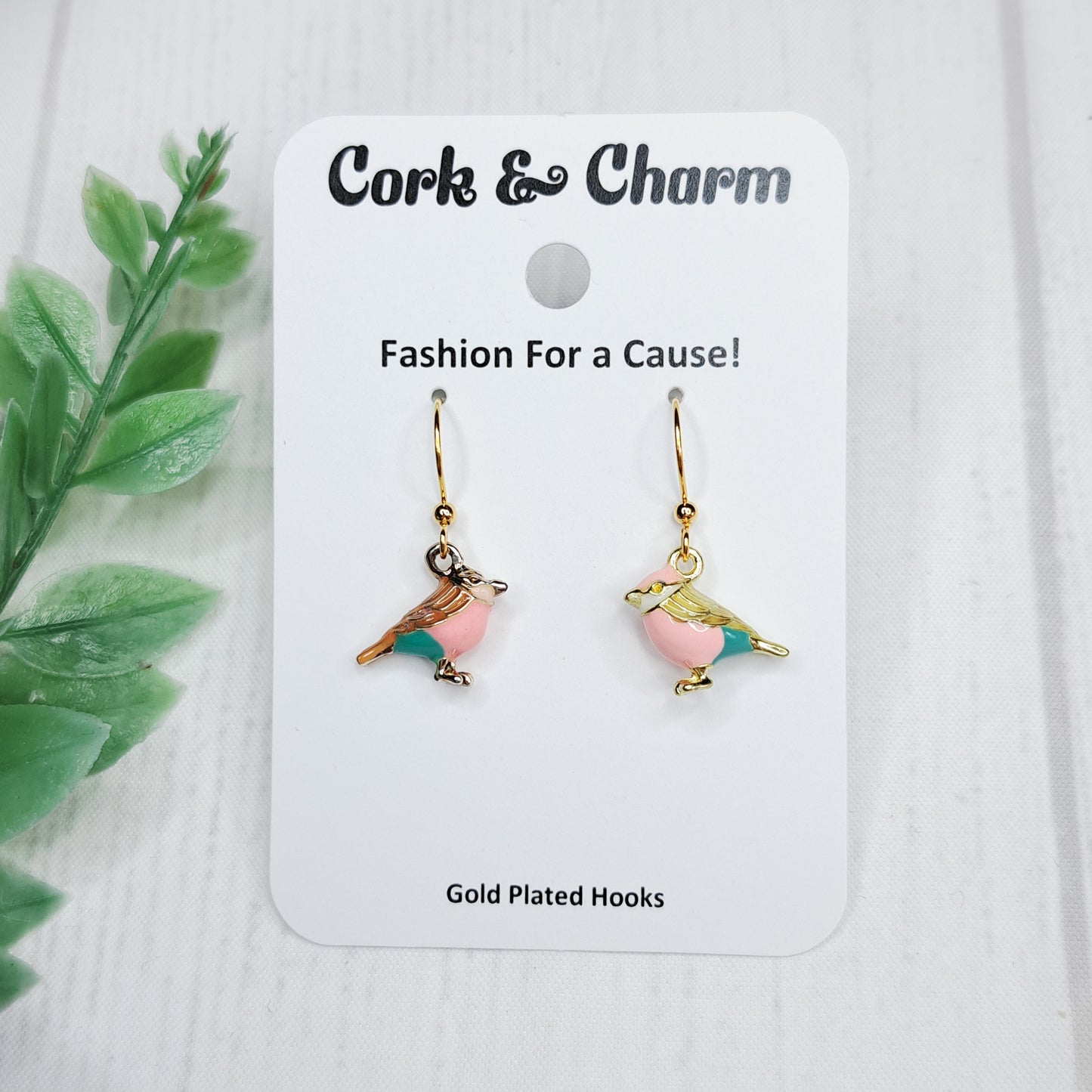 Yellow Pink Blue Bird Gold Earrings