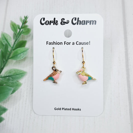 Yellow Pink Blue Bird Gold Earrings