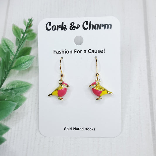 Yellow Dark Pink Bird Gold Earrings