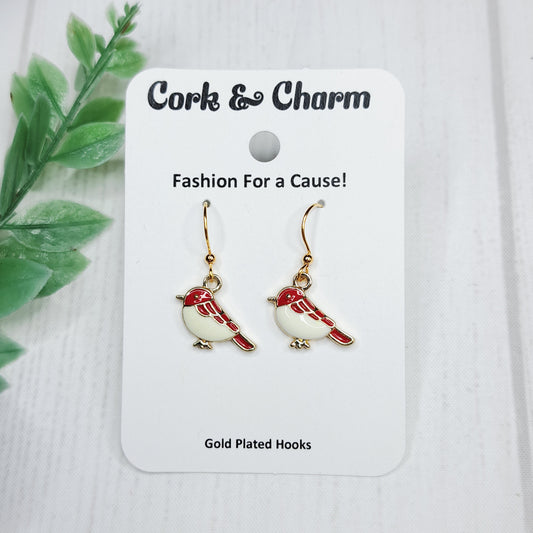 Red and White Bird Enamel Gold Earrings
